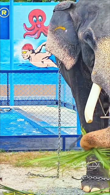 A temple elephant visiting Dethan's pool